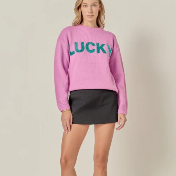 English Factory LUCKY Glitter Lettering Ribbed Knit Sweater - Small - Picture 1 of 6